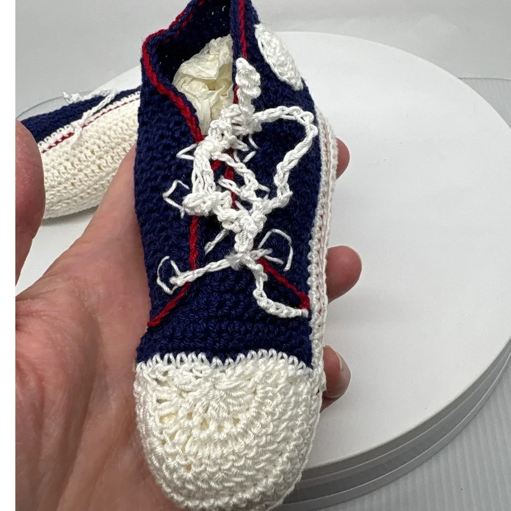 Handmade Crochet Baby Shoes High Top Sneaker Navy Blue White‎ Red Baby Shower